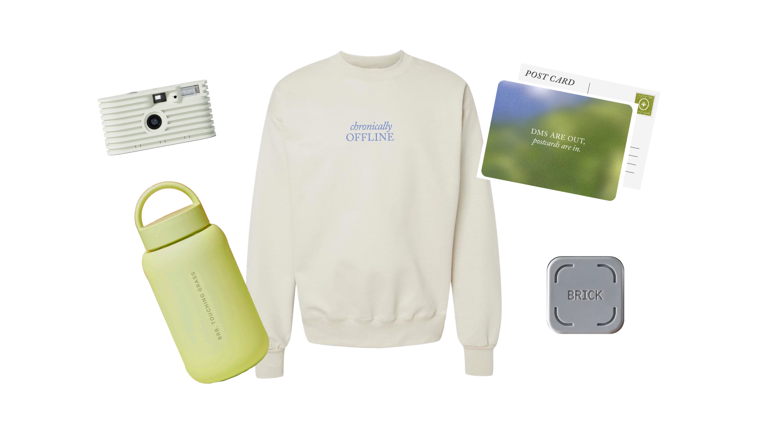Touch Grass giveaway items including a sweatshirt, camera, book, bottle, and alarm clock