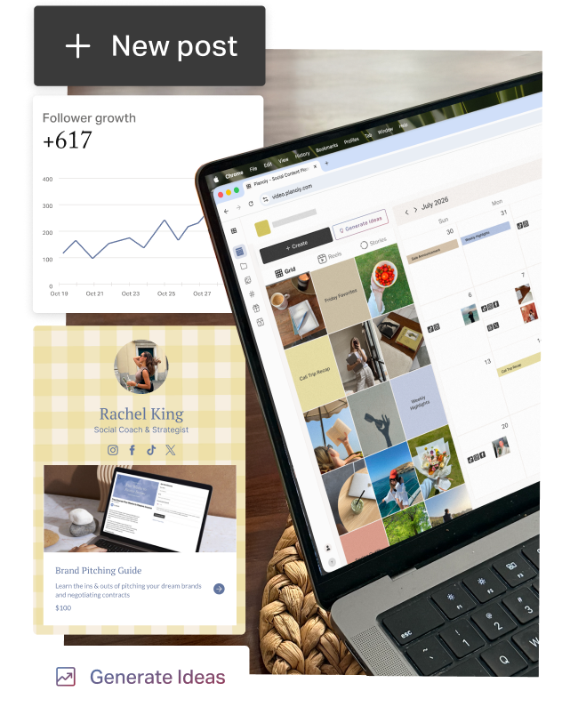 Planoly displayed on a laptop with tools for creating posts, tracking follower growth, building a link in bio, and generating ideas.