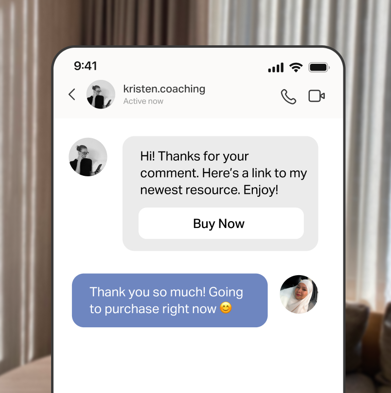 An automated Instagram direct message response with a Buy Now action.