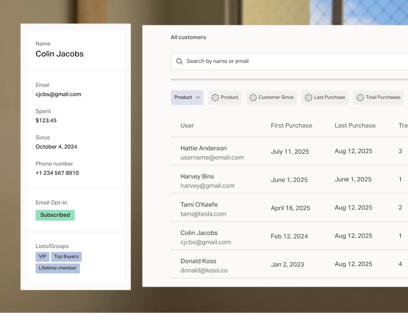 A Planoly CRM customer profile alongside a searchable customer list.