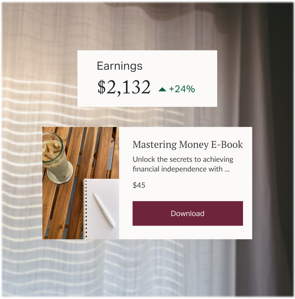Creator Store earnings and a Mastering Money E-Book download.