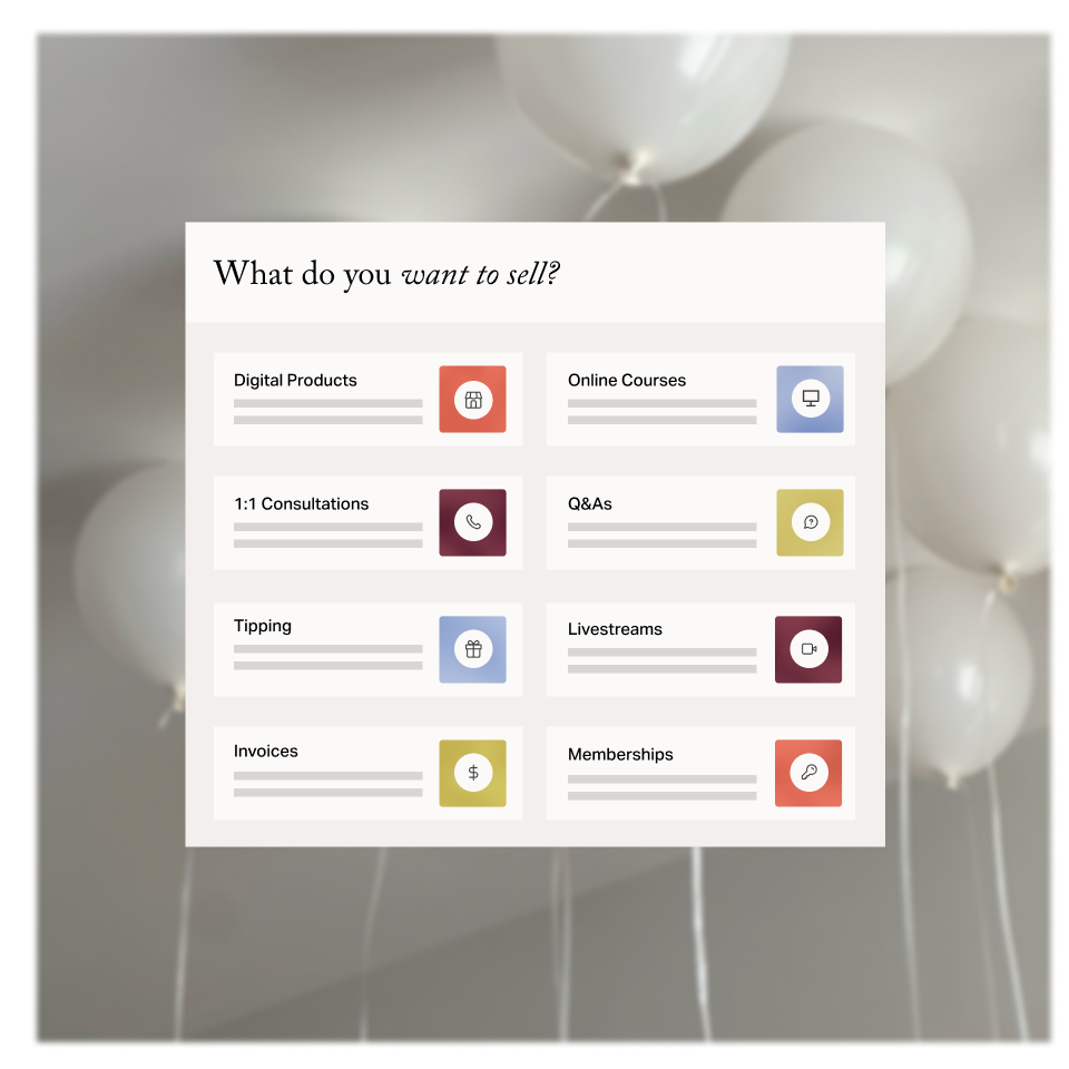 Creator Store product options for downloads, courses, consultations, events, and memberships.