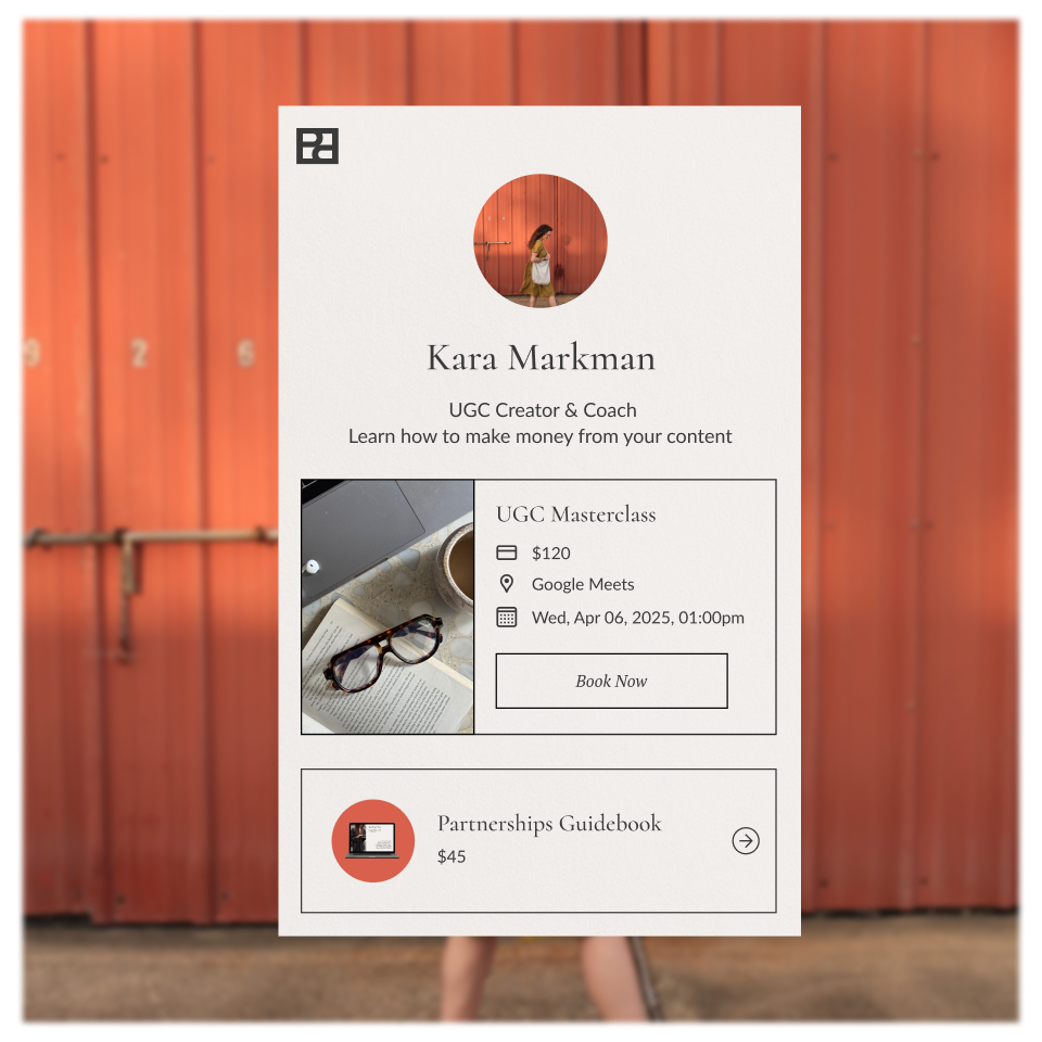 A Creator Store page selling a UGC Masterclass and a Partnerships Guidebook.