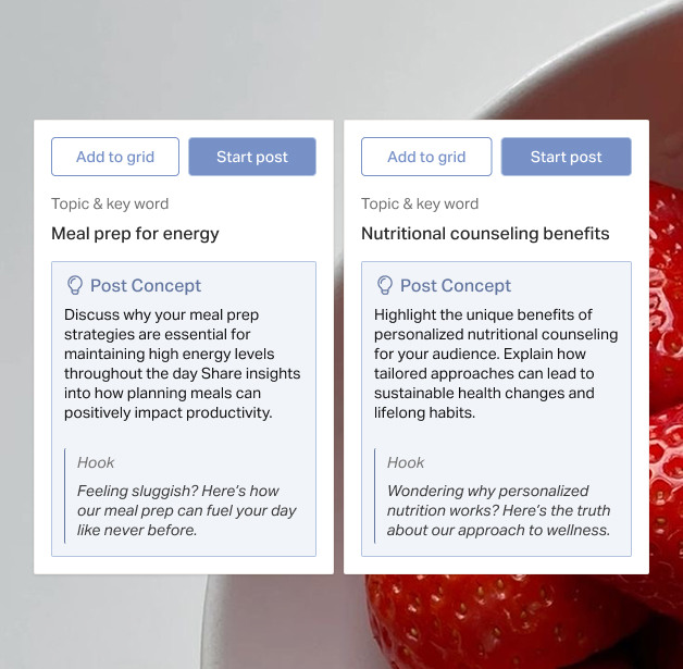 Two Idea Generator post concepts with Add to grid and Start post actions.