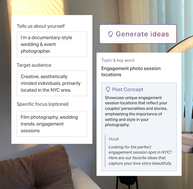 Idea Generator inputs beside a generated wedding photography post concept.