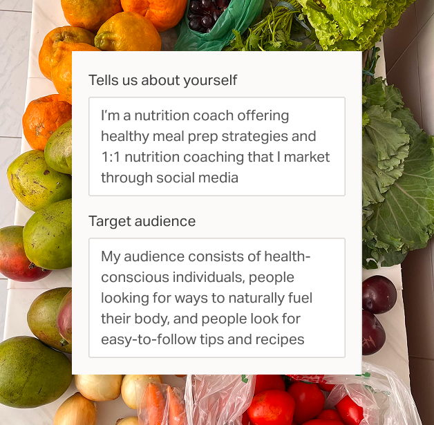 Idea Generator brand and target audience inputs for a nutrition coach.