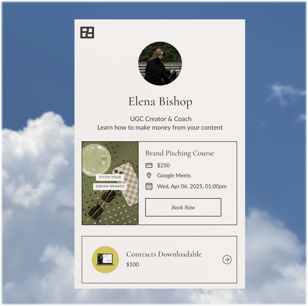 A Creator Store page featuring a course and a digital download.