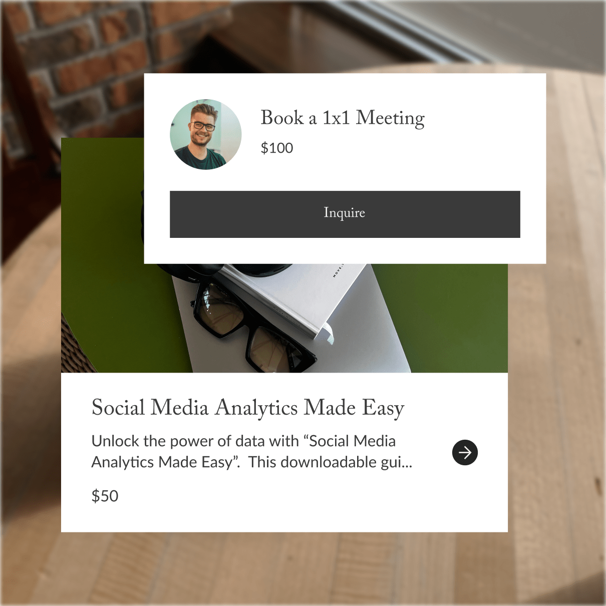 Creator Store cards offering a one-to-one meeting and a digital download.