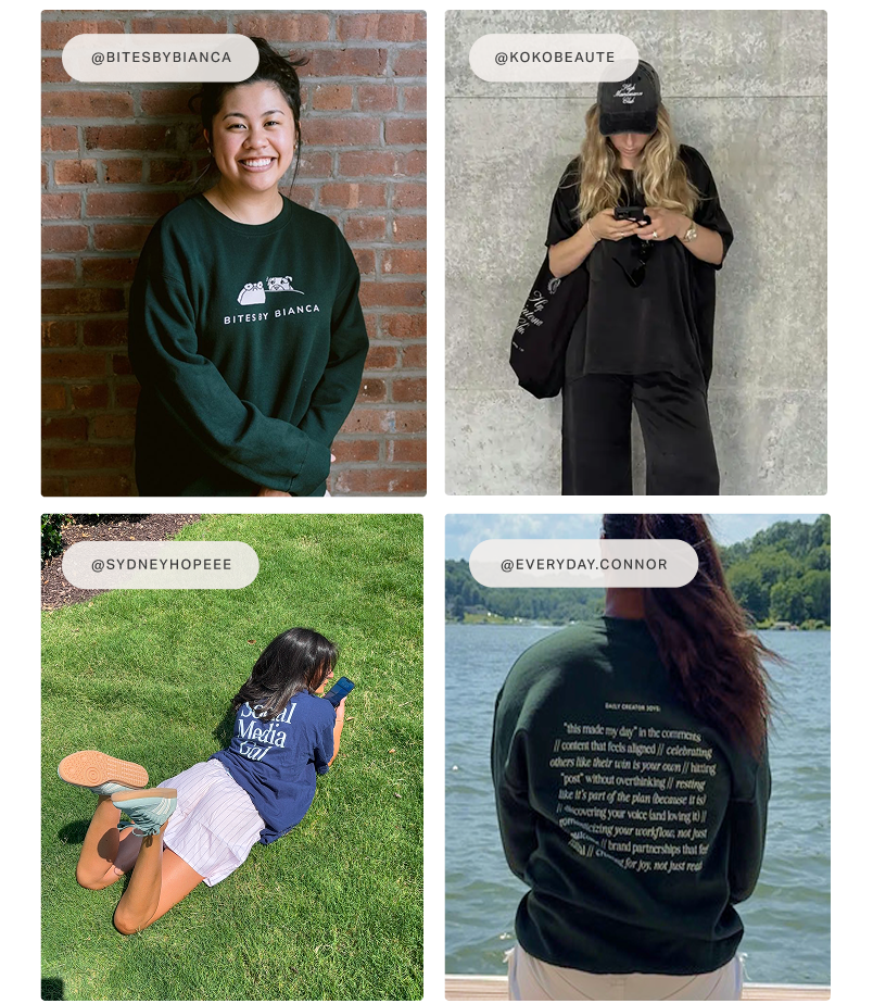 Four creators wearing and displaying custom branded merchandise.