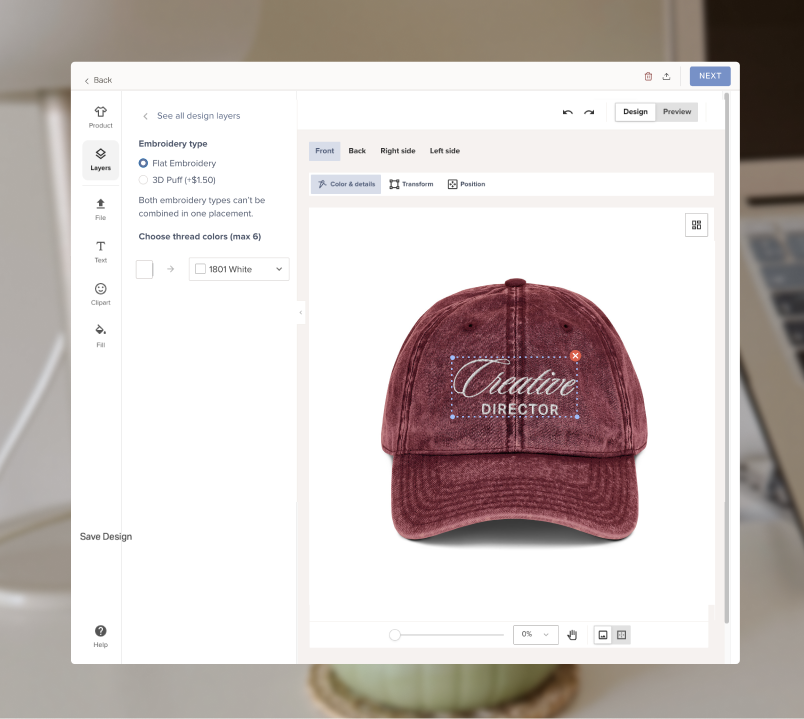 A custom embroidered hat being designed in Creator Store.