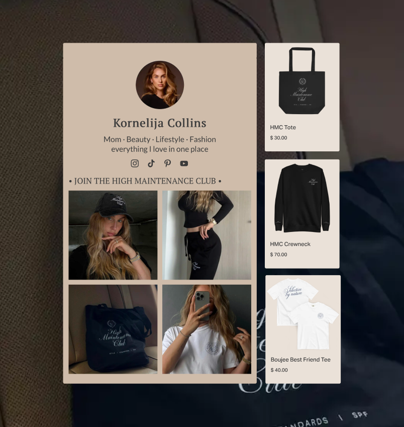 Creator Store merchandise design and product preview screens.